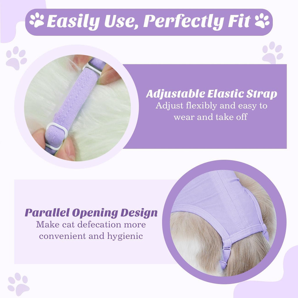 Soft purple kitten onesie e-collar alternative highlighting the adjustable leg straps.