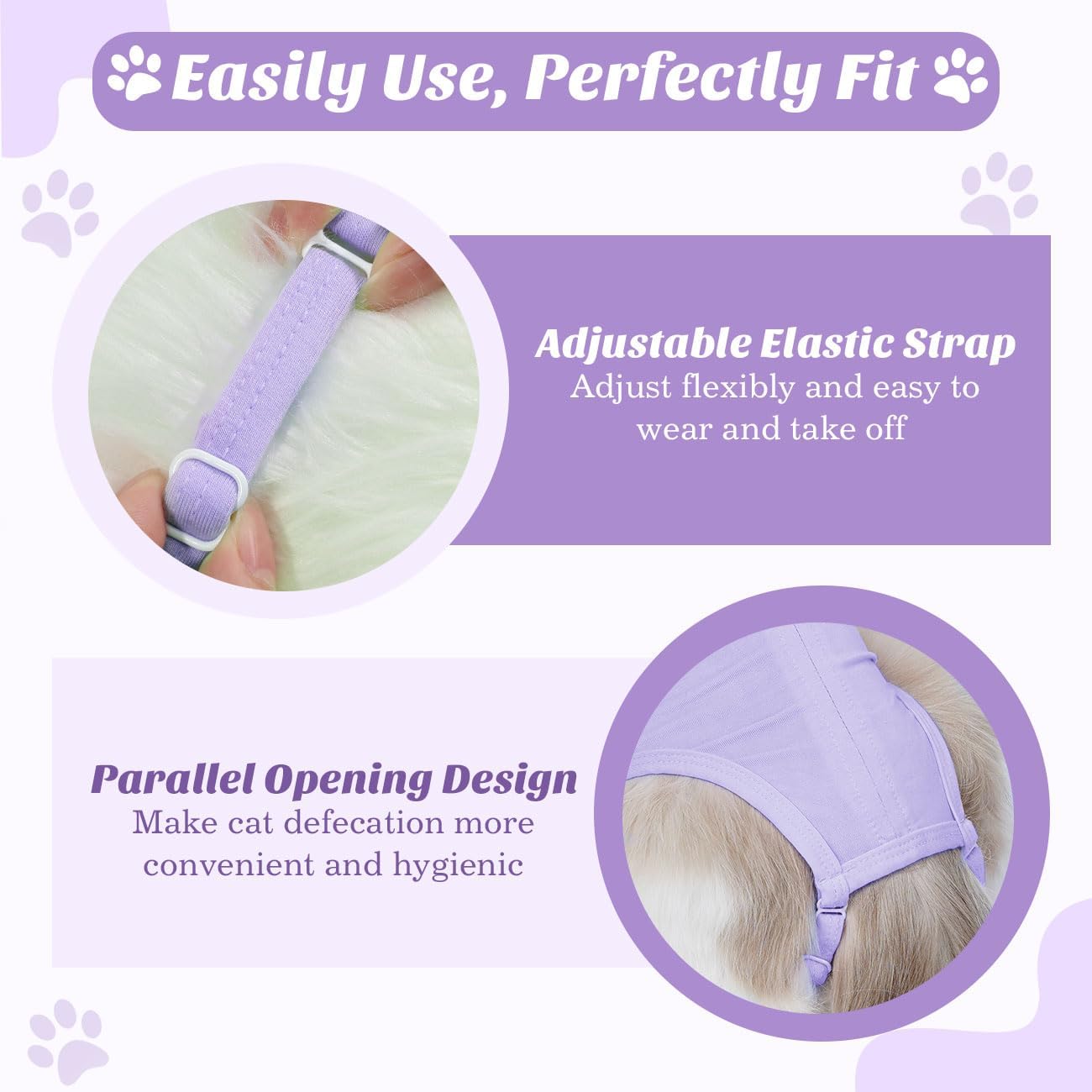Soft purple kitten onesie e-collar alternative highlighting the adjustable leg straps.