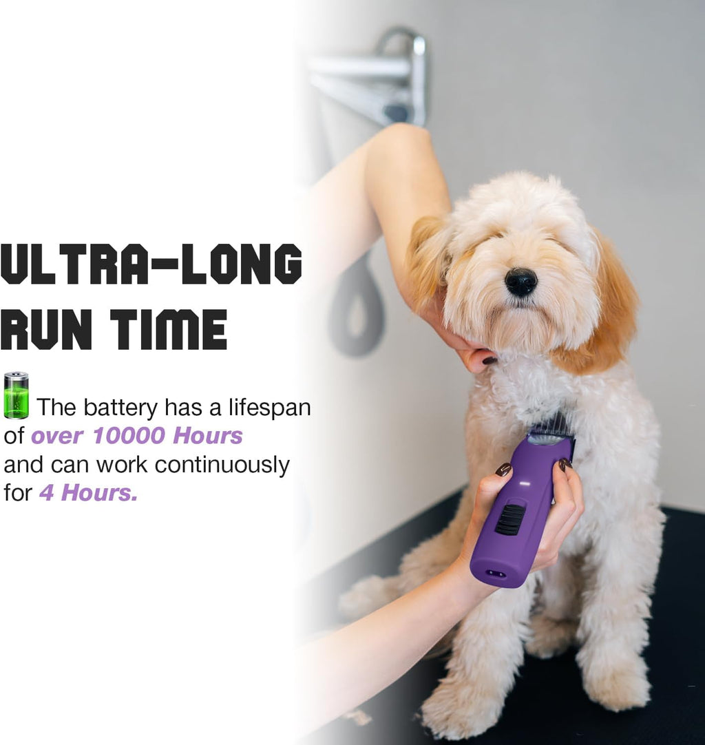 FuzzyFix low noise dog grooming trimmer standing upright showing battery life status indicator.