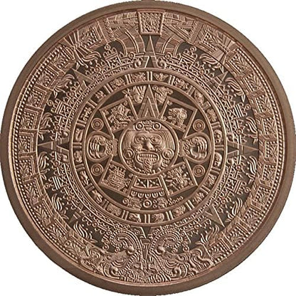 Detailed engraving of Aztec Sunstone on copper collector medallion