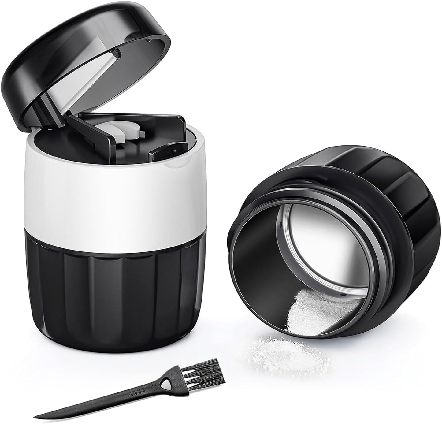 DEPAD 3-in-1 pill crusher and cutter front view showing the sleek black and white design