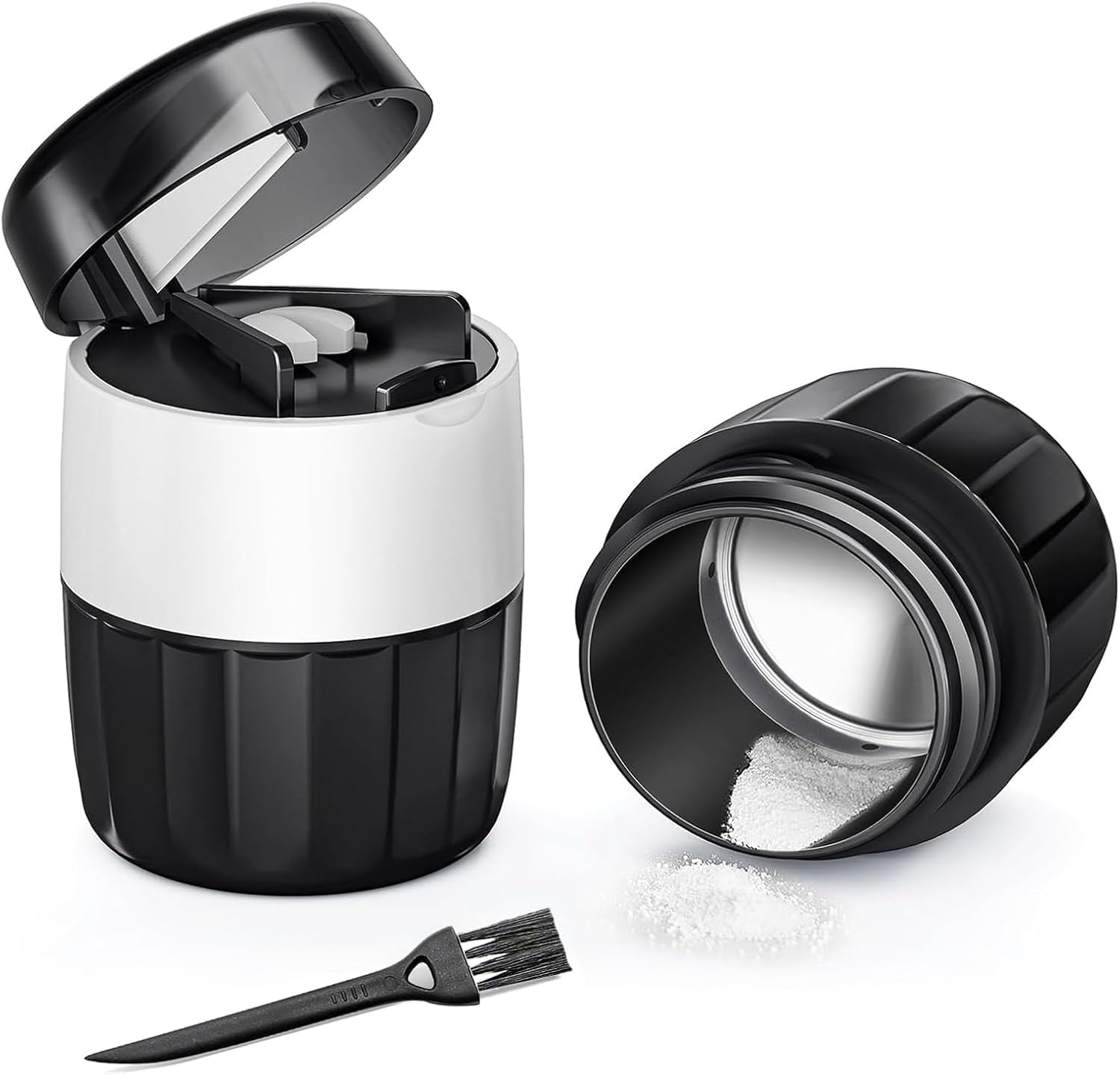 DEPAD 3-in-1 pill crusher and cutter front view showing the sleek black and white design