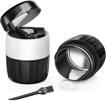 DEPAD 3-in-1 pill crusher and cutter front view showing the sleek black and white design