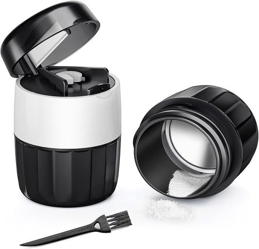DEPAD 3-in-1 pill crusher and cutter front view showing the sleek black and white design