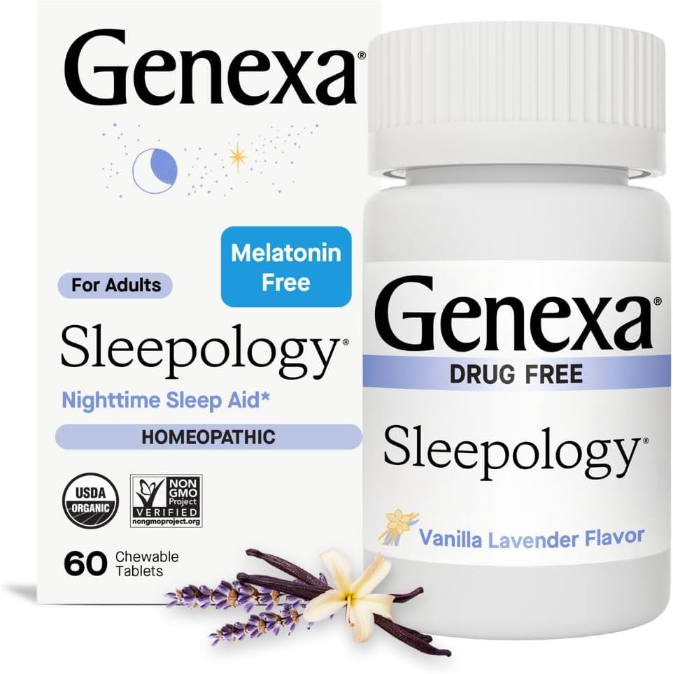 Genexa Sleepology for Adults bottle front view showing clean homeopathic sleep aid certification