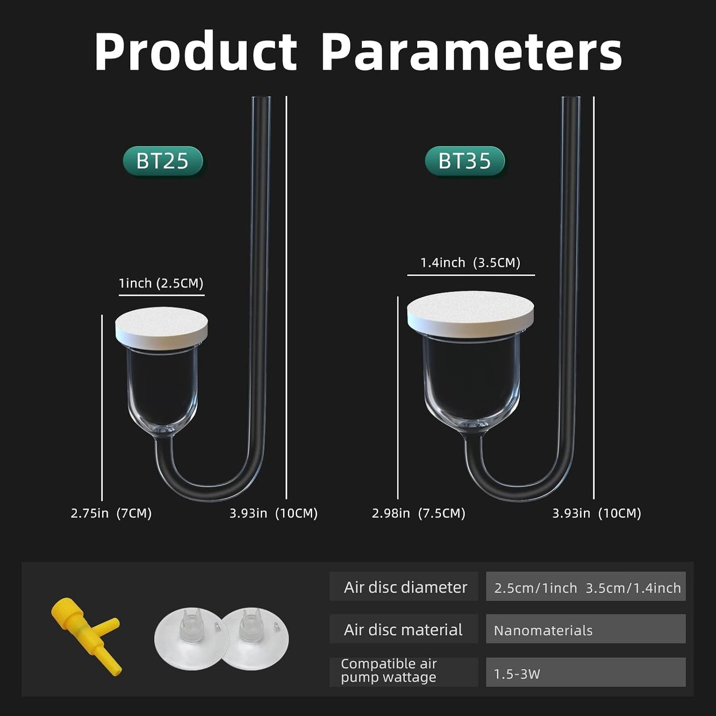 Boxtech fish tank aerator accessories including adjustment valve and suction cups.