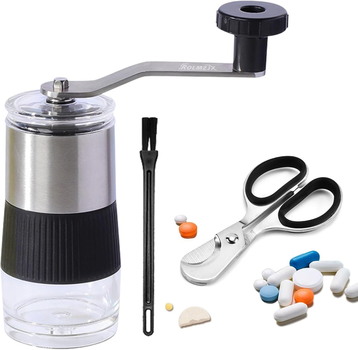 Secret Desire ROLMZJX manual pill crusher and splitter set front view showing the stainless steel crank handle.