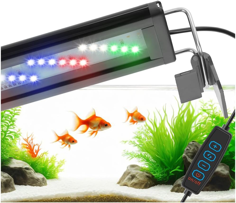 DaToo LED aquarium light front view illuminating a small freshwater planted fish tank