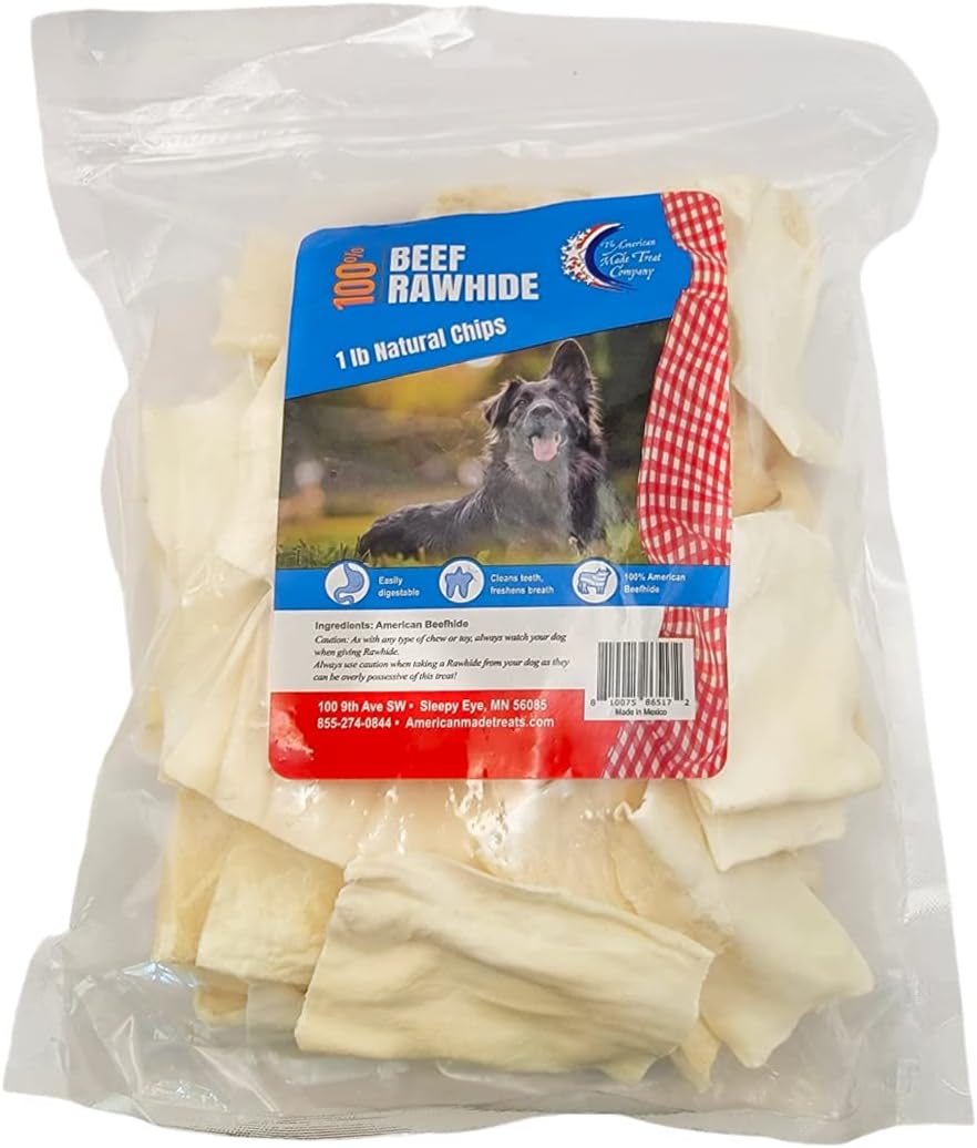 All-natural rawhide chips for dogs displayed outside the bag showcasing the premium texture.