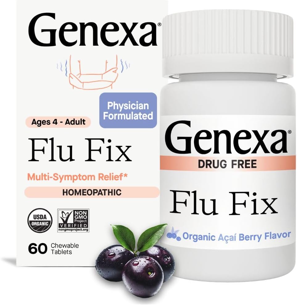 Genexa Flu Fix 60 tablets front packaging for homeopathic flu relief.