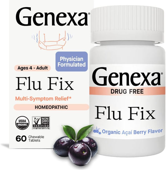 Genexa Flu Fix 60 tablets front packaging for homeopathic flu relief.