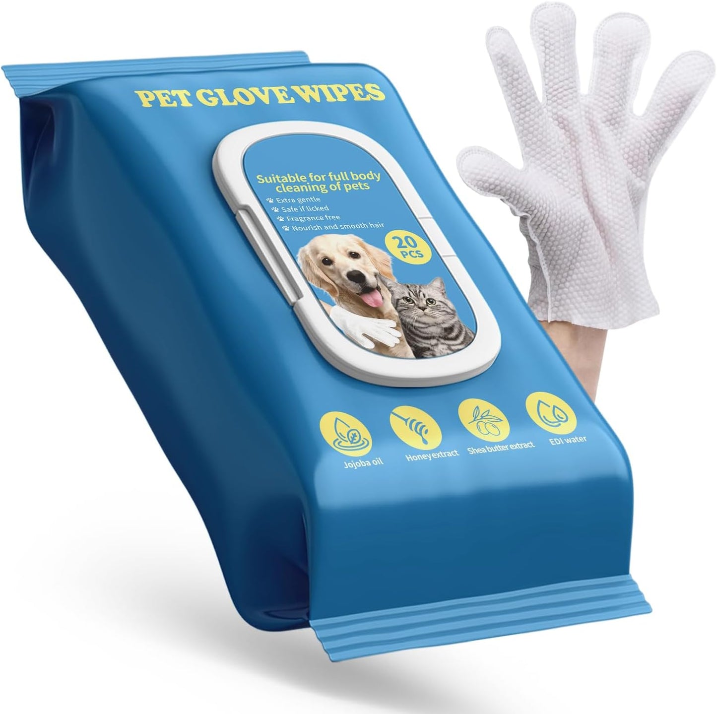 Trezuma pet glove wipes 20 pack front packaging view for waterless grooming