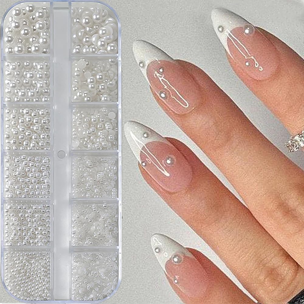 WENEWFINE 12 grids pearl nail art charms front view in storage box