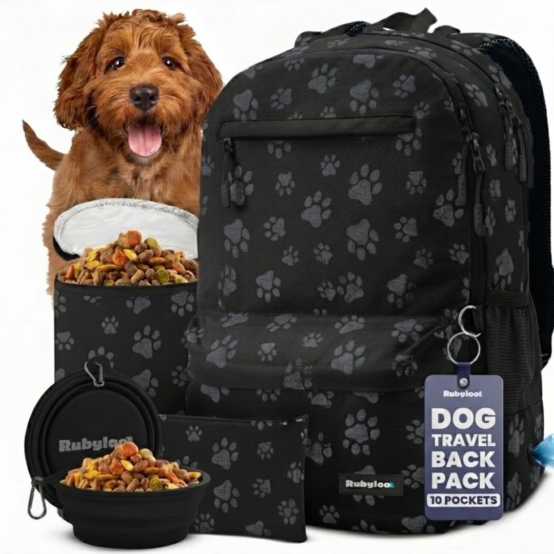 Rubyloo Original Doggy Bag travel backpack front view displaying black paw print design.