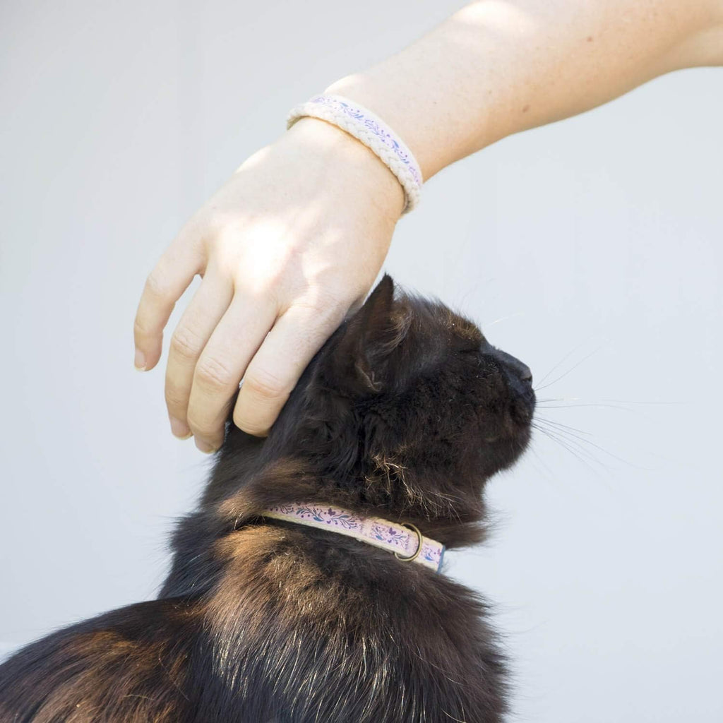 Adjustable cat collar fitted with vintage metal D-ring