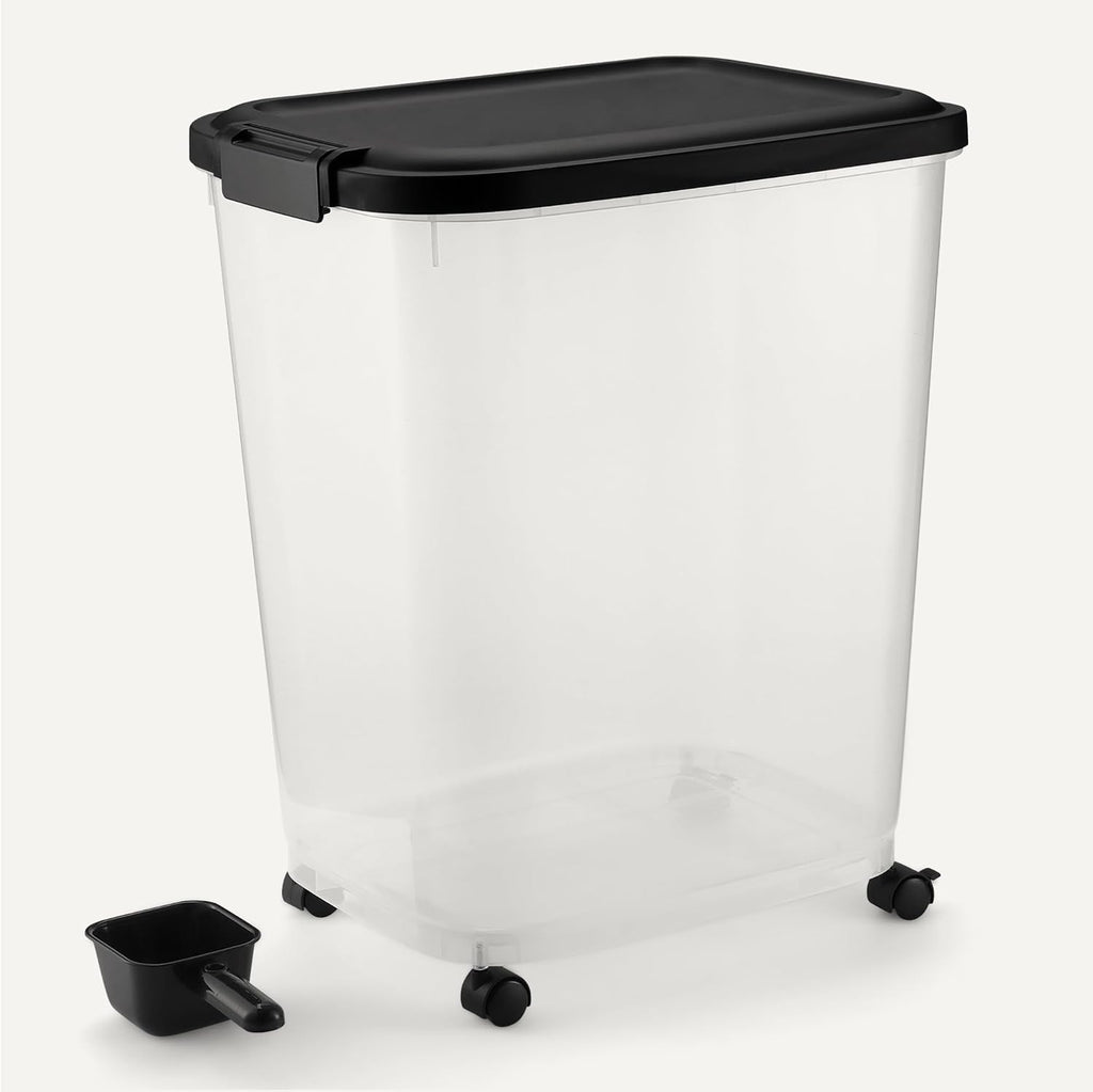 Detachable food scoop included with pet storage bin