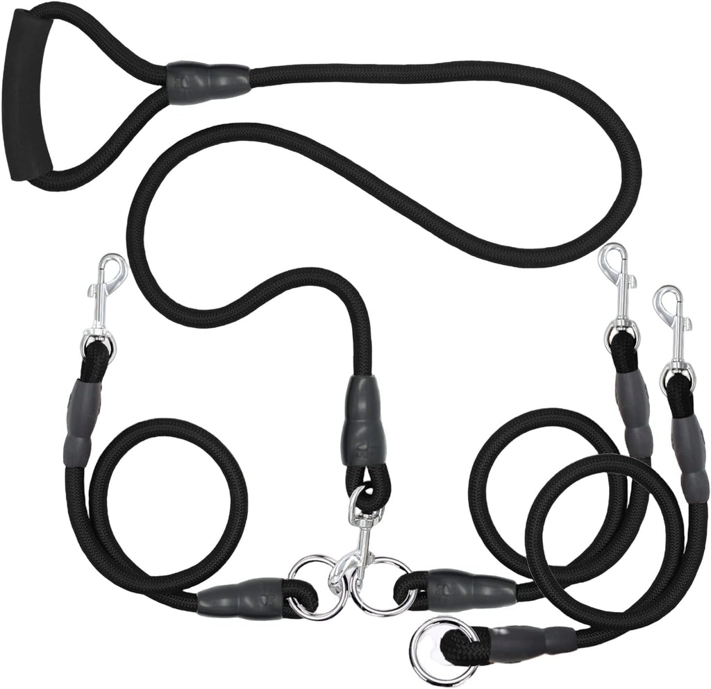 Sonqueen heavy duty three dog leash front view showing padded handle and black braided rope