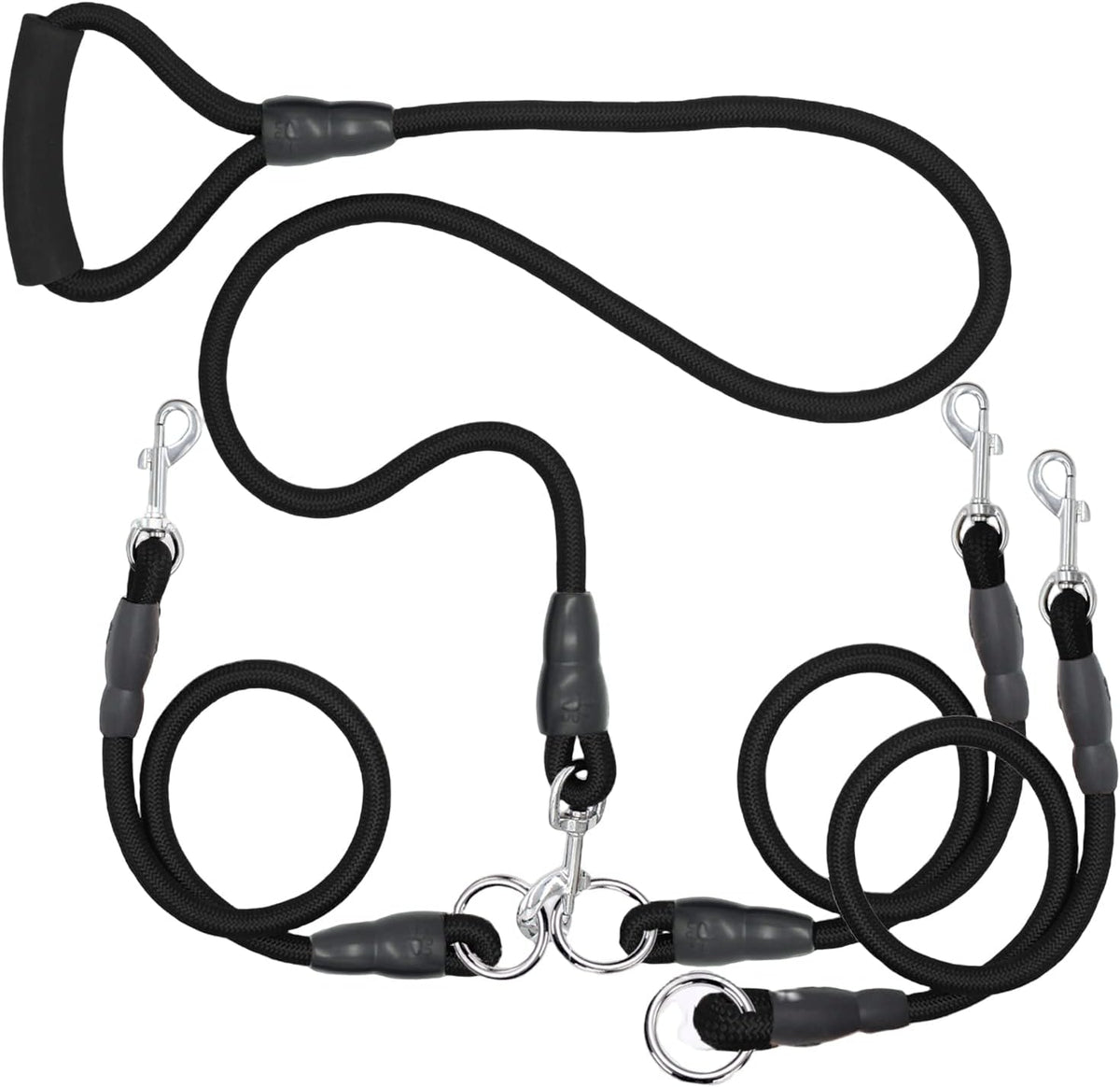 Sonqueen heavy duty three dog leash front view showing padded handle and black braided rope