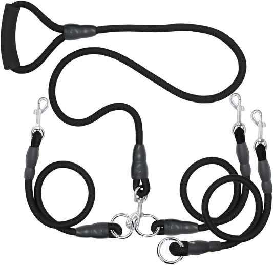 Sonqueen heavy duty three dog leash front view showing padded handle and black braided rope