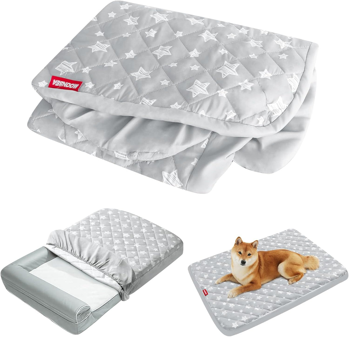 Moonsea waterproof dog bed cover replacement front view showing grey star print mattress protector.