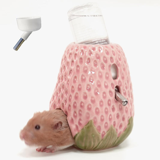 Hamster Water Bottle, Strawberry Ceramic Hamster Gerbil Water Bottle for Glass Tank, Dispenser, 80ML Bottle for Water Holder Stand with 2 No Drip Caps for Syrian Mice, GerbilPink - Image 1