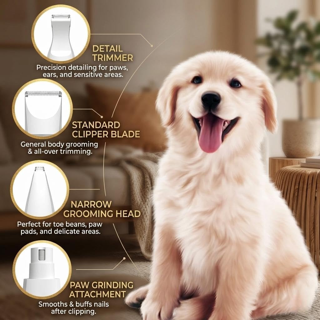Low noise pet hair trimmer being used on a dog with built in LED light feature.
