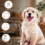 Low noise pet hair trimmer being used on a dog with built in LED light feature.