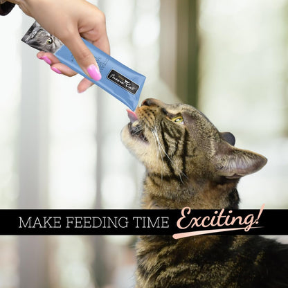 Cat eating Fussie Cat puree from a bowl