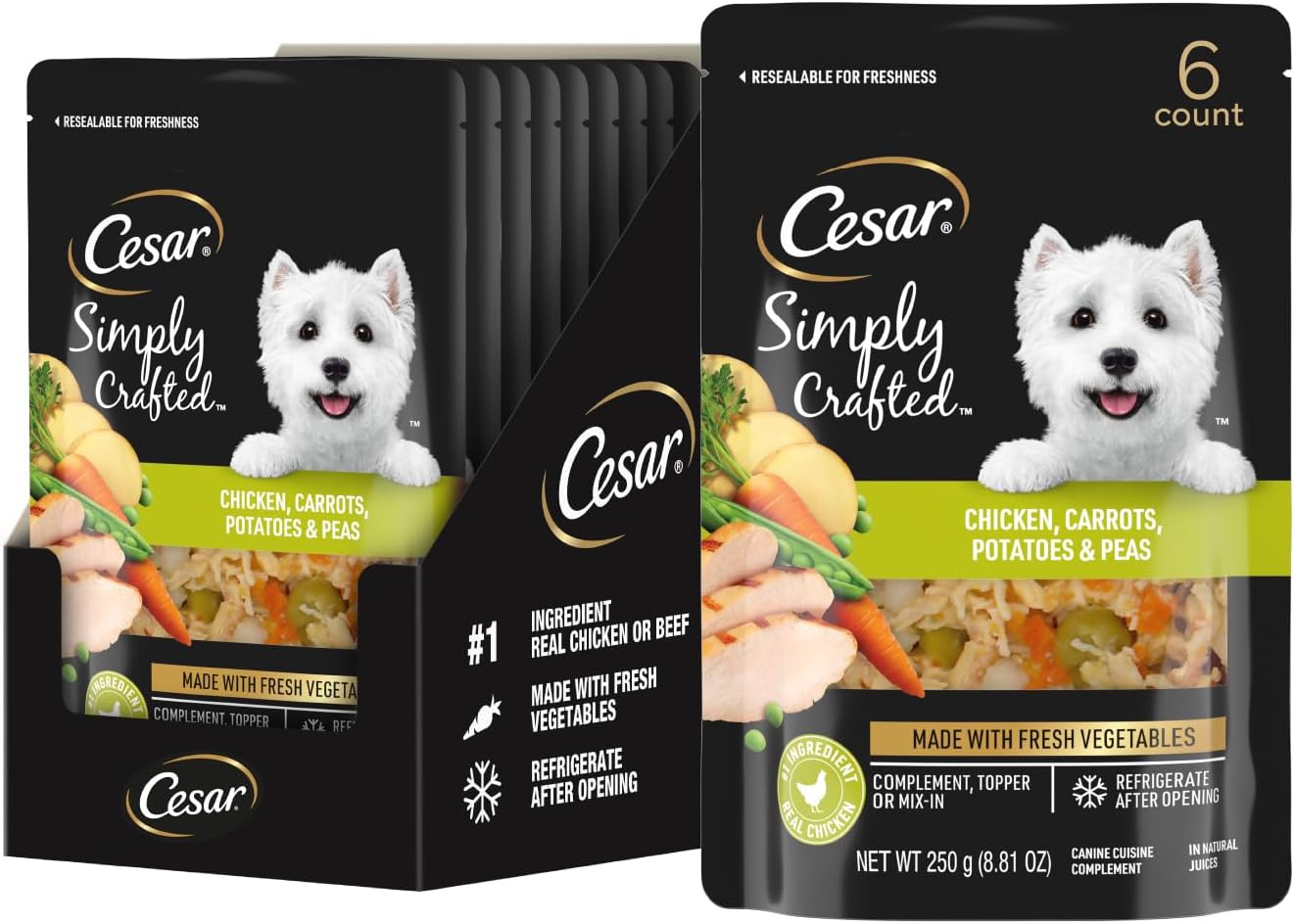 Cesar Simply Crafted Adult Wet Dog Food Toppers for Dry Food, Wet Food for Dogs, Chicken, Carrots, Potatoes & Peas, 8.82 oz. Pouches, 6 Count (Pack of 2) - Image 11