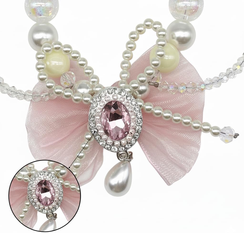 Adjustable pink bow dog necklace charm for small dog breeds like Chihuahuas and Yorkies.