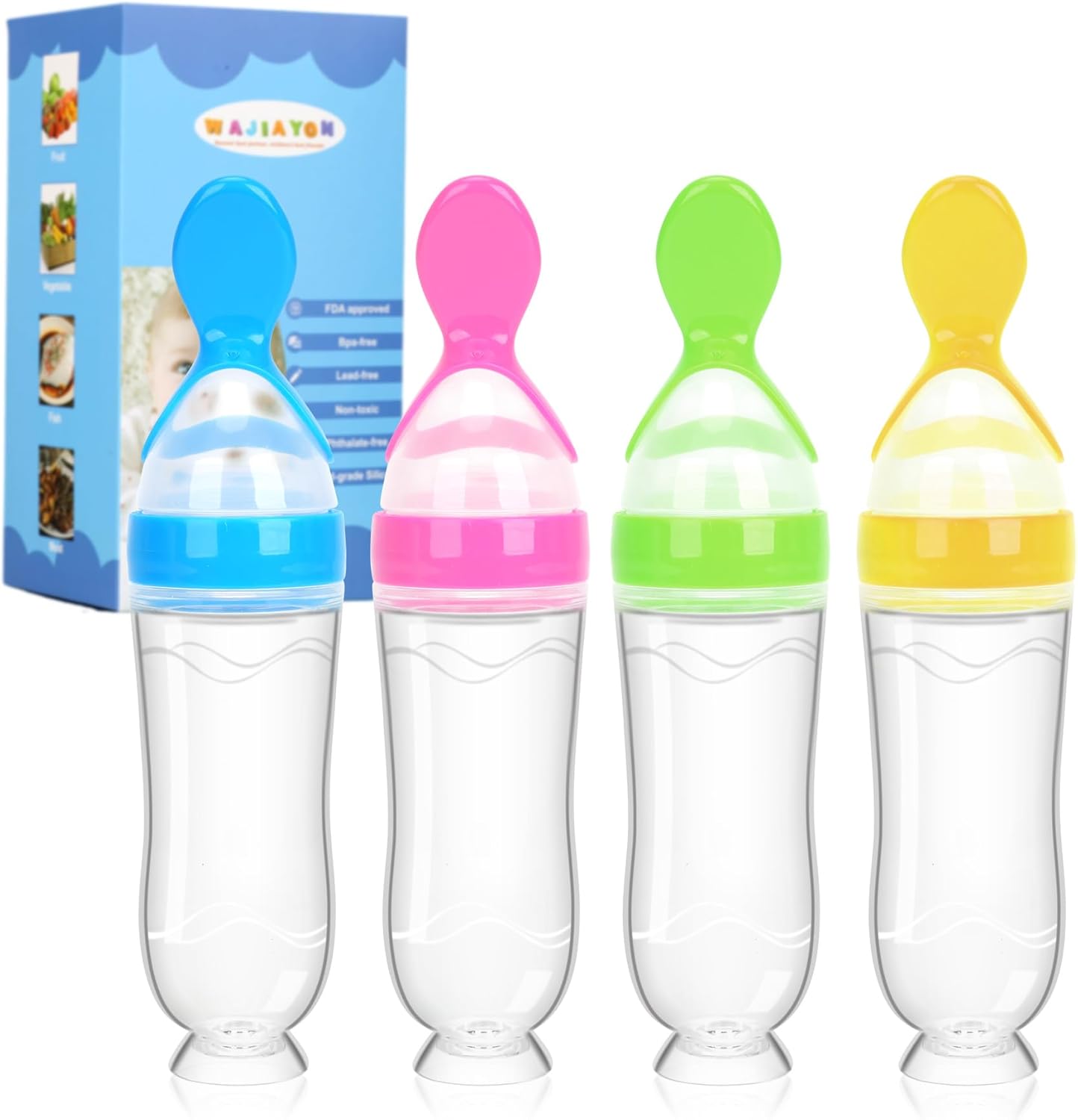 WAJIAYON silicone baby food dispensing spoon front view showing the green squeeze bottle and clear spoon attachment.