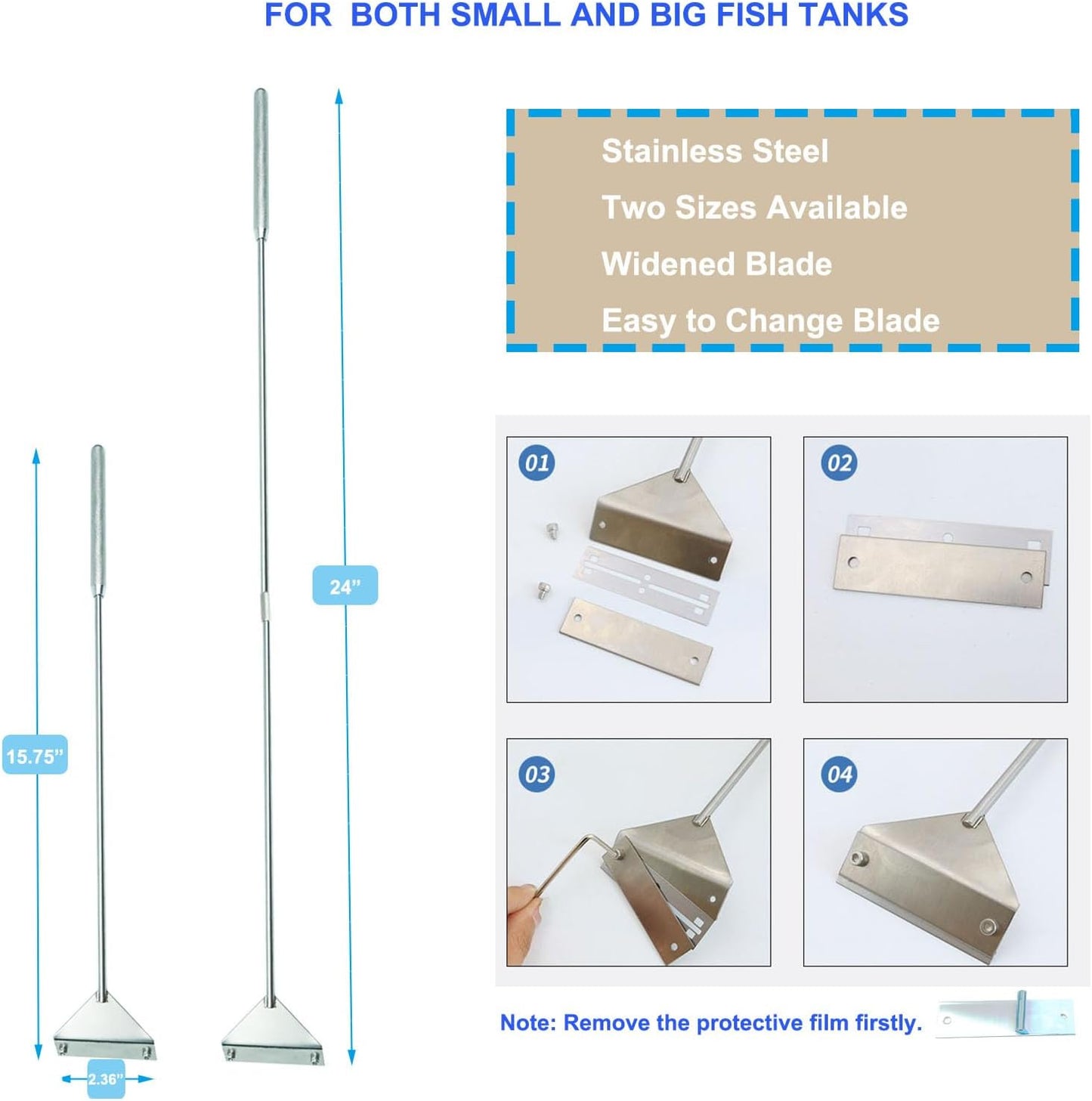 Fecsam fish tank cleaner tool kit layout displaying ten replaceable metal blades and protective safety cover.