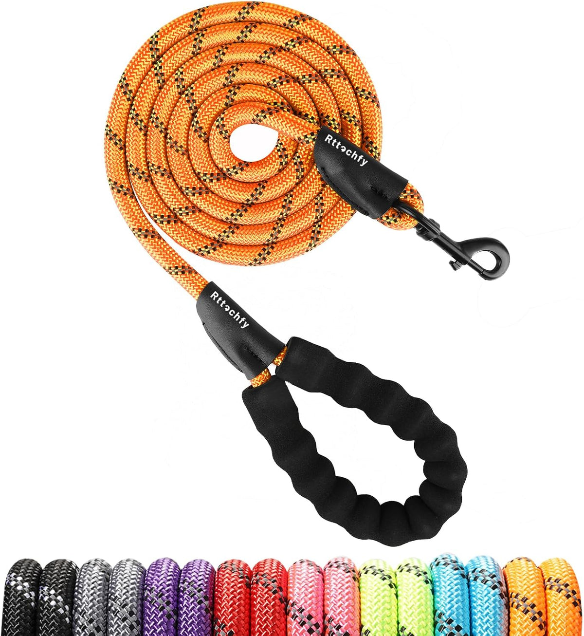 Padded handle dog leash hanging on the included wall organizer