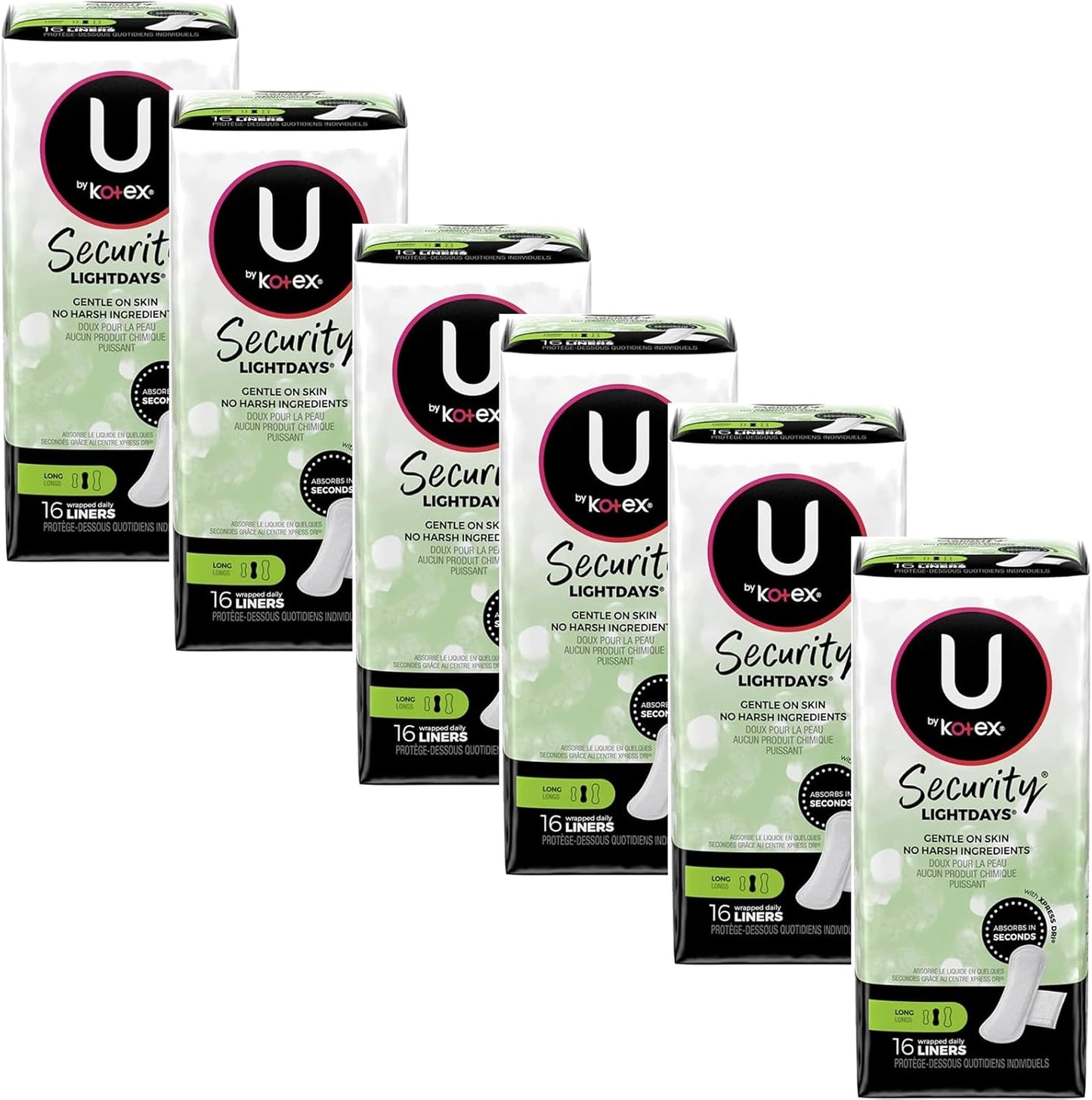 Kotex Natural Balance Absorbent Liners front packaging showing 16 count long length.