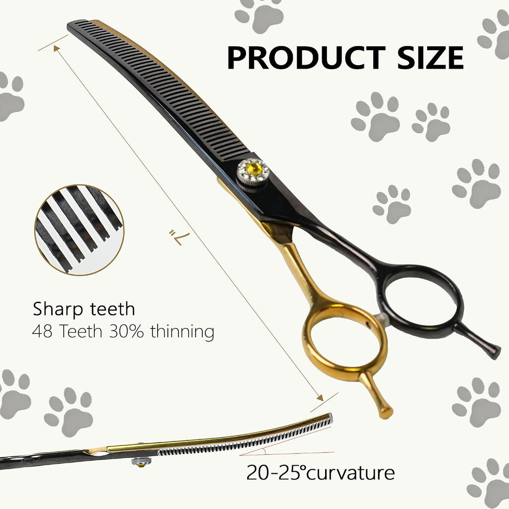 MedToolLLC 7 inch curved pet grooming shear highlighting the 48 teeth V-shape design