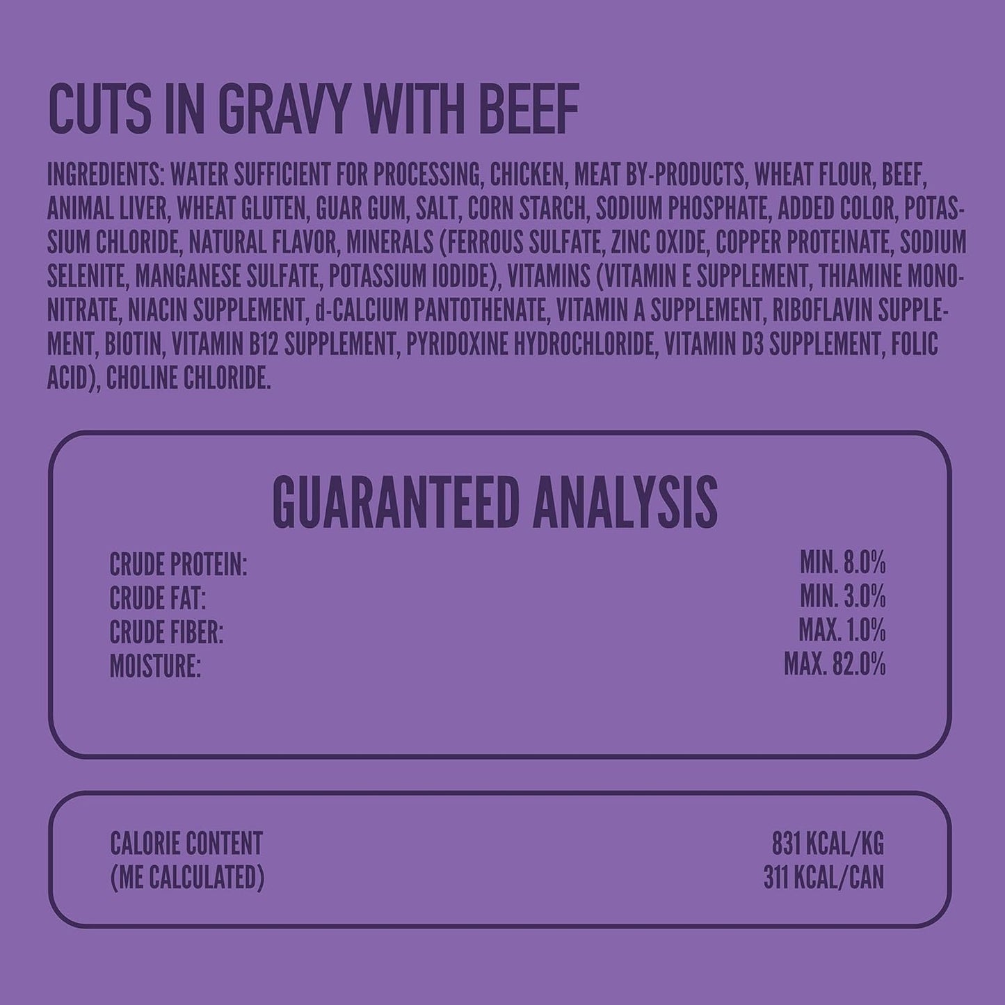 Premium protein rich wet dog food formula with real beef ingredients list view.
