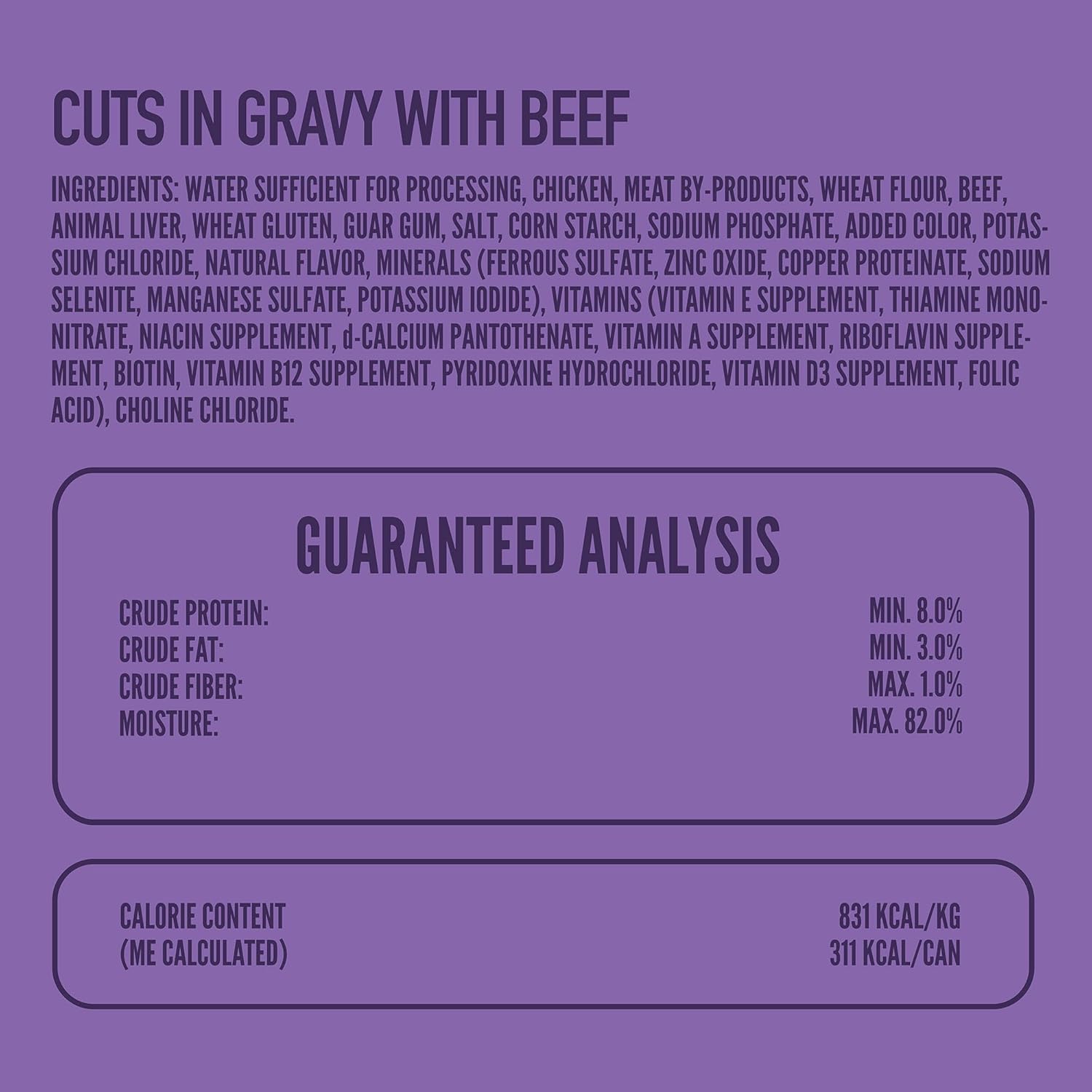 Premium protein rich wet dog food formula with real beef ingredients list view.