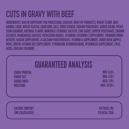 Premium protein rich wet dog food formula with real beef ingredients list view.