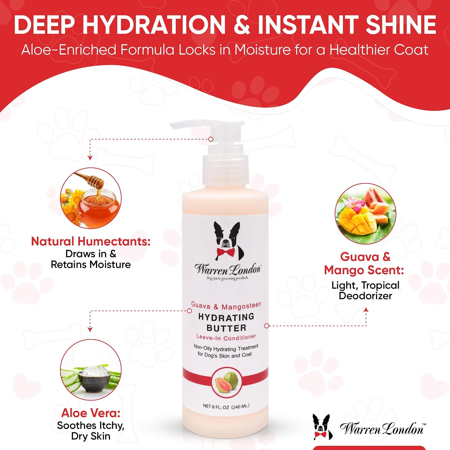 Warren London Guava and Mango dog moisturizer bottle showing product details