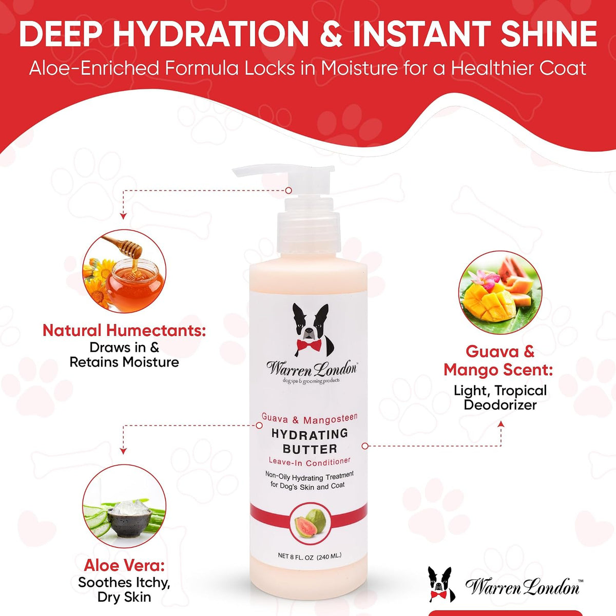 Warren London Guava and Mango dog moisturizer bottle showing product details
