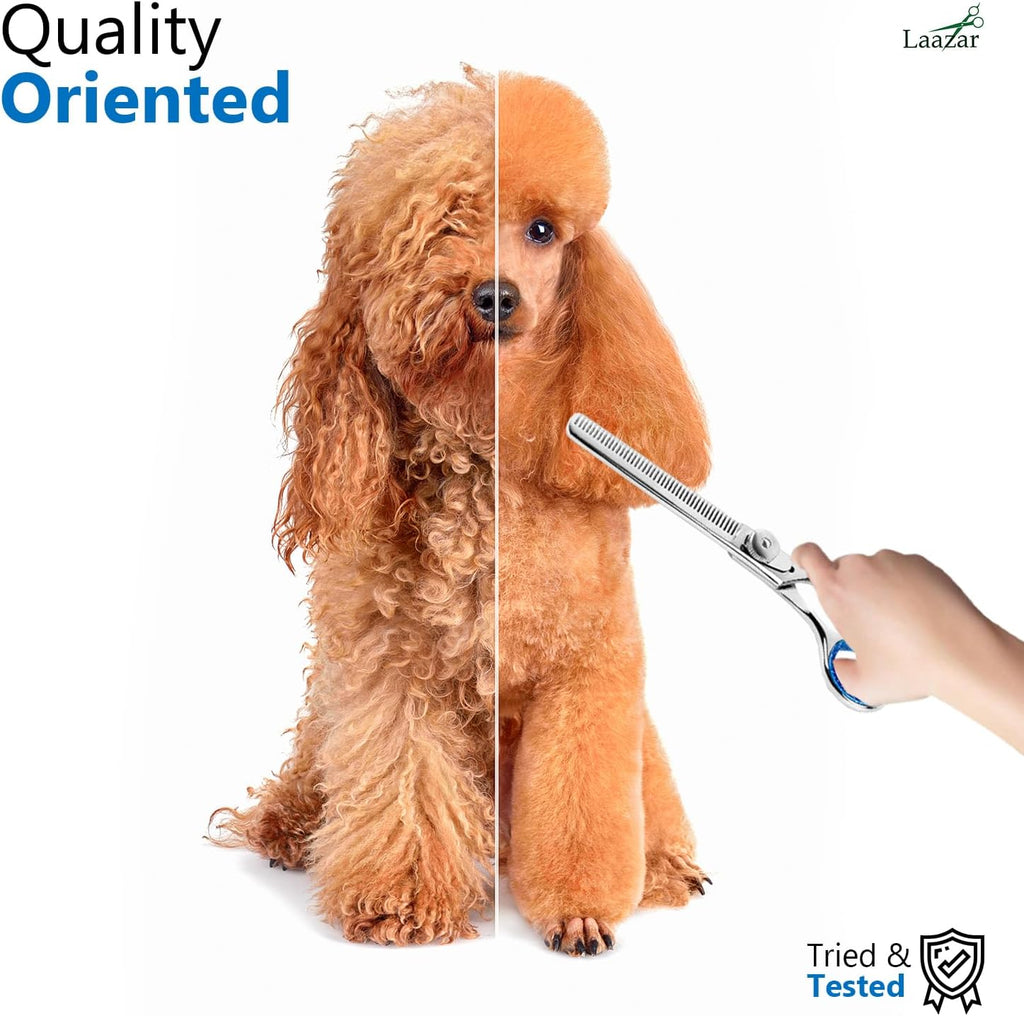 Laazar pet thinning shears resting on a grooming table