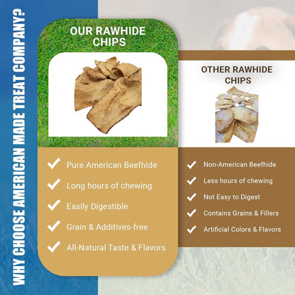 High protein natural American beefhide dog treats spread out to display size and thick premium texture.
