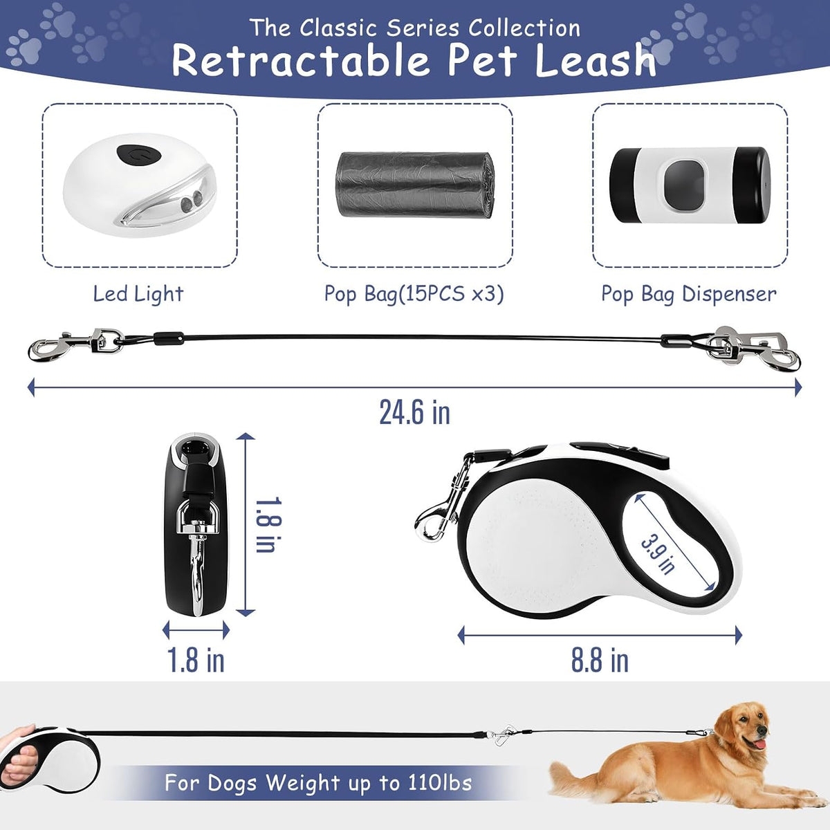 Vtopvmax dog leash with integrated LED light activated