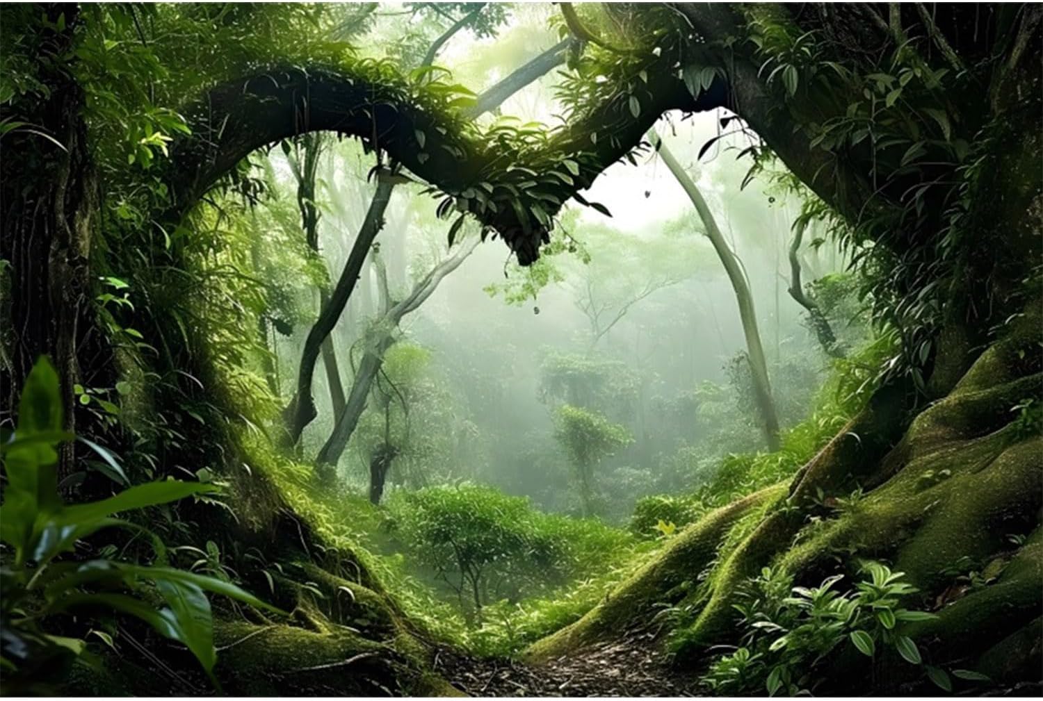 AWERT Tropical Rainforest Terrarium Background front view showcasing a foggy forest with a green stream for reptile habitats.