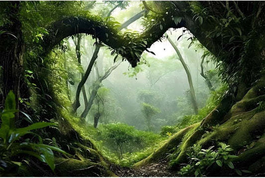 AWERT Tropical Rainforest Terrarium Background front view showcasing a foggy forest with a green stream for reptile habitats.