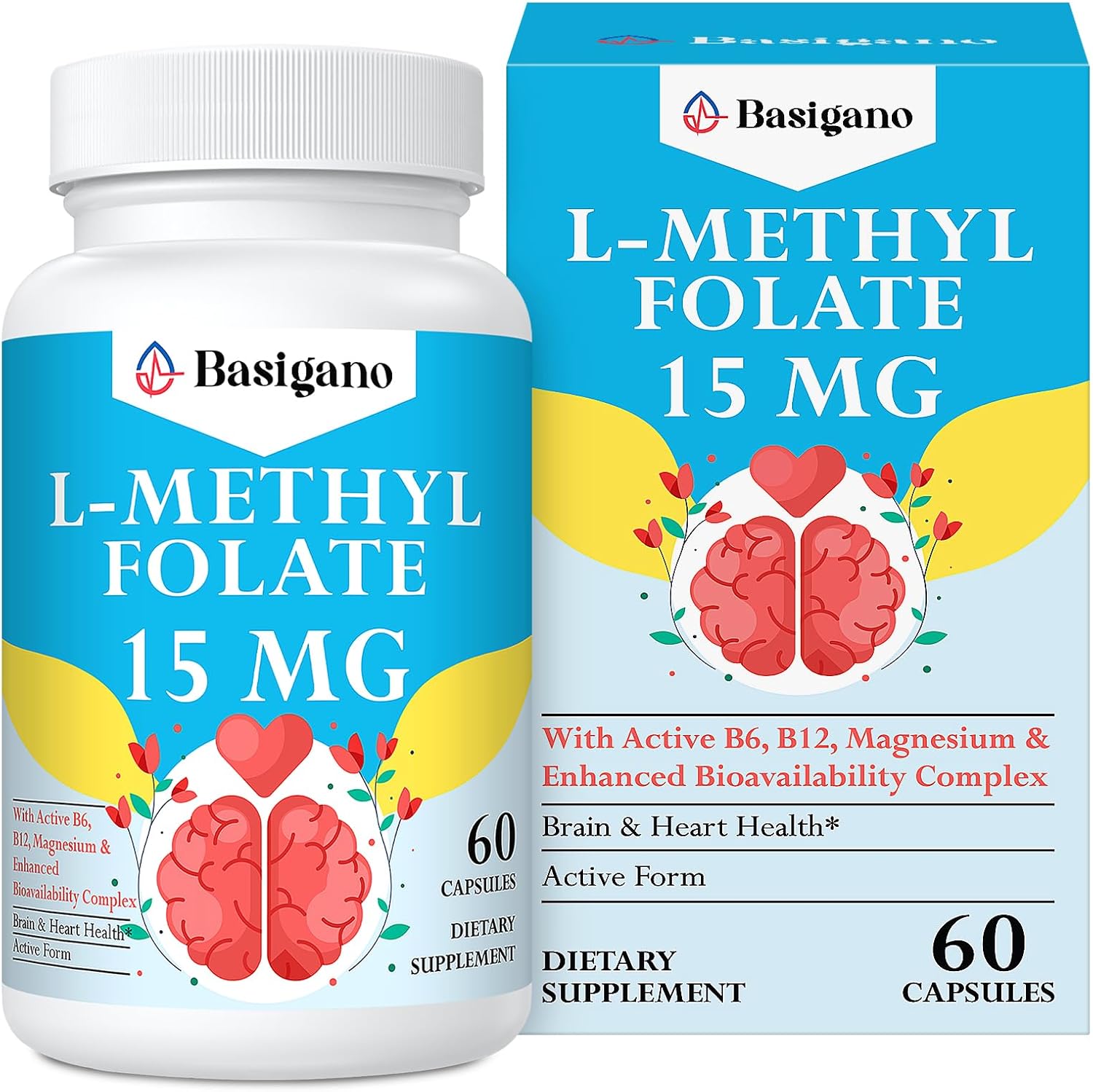 Basigano L-Methylfolate 15mg front view bottle containing sixty vegetarian capsules