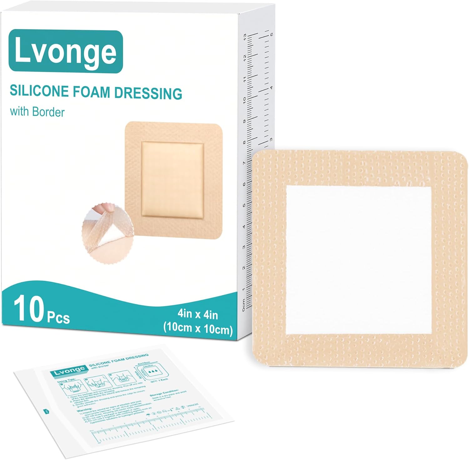 Lvonge silicone foam dressing front view of sterile ten pack medical packaging.