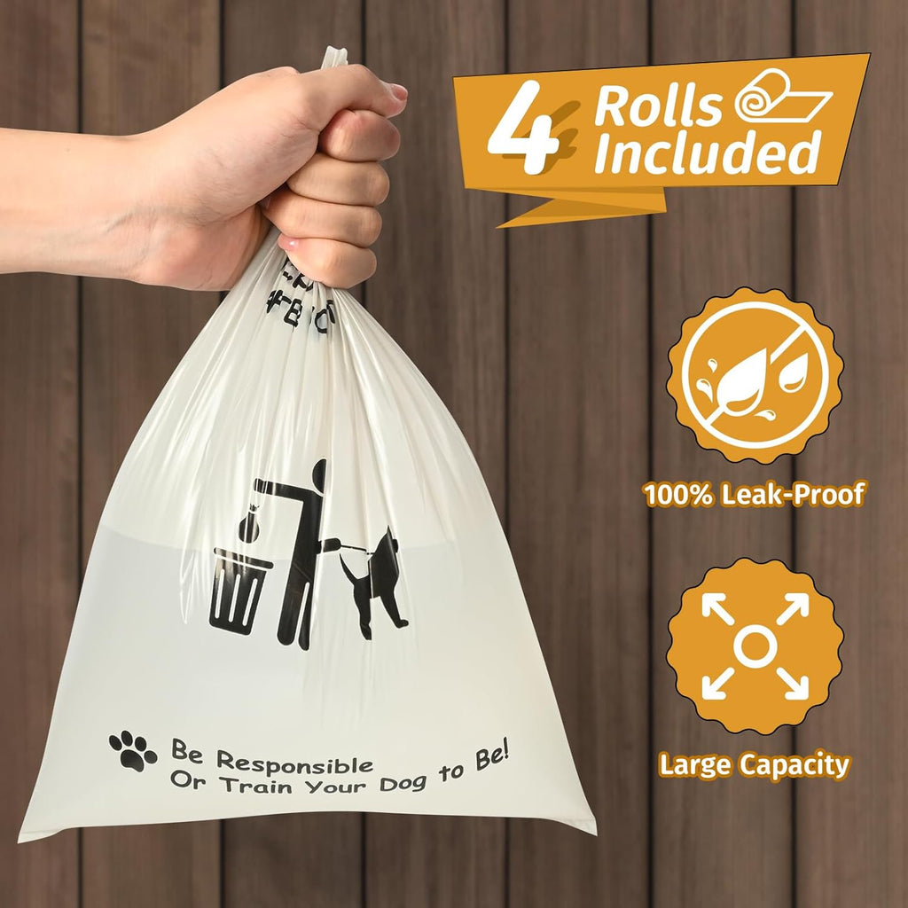 Qeerable wall dispenser including four rolls of unscented thick black pet cleanup bags.