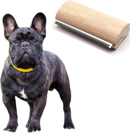 Eiqijci French Bulldog brush for shedding front view of palm grip wooden deshedding comb