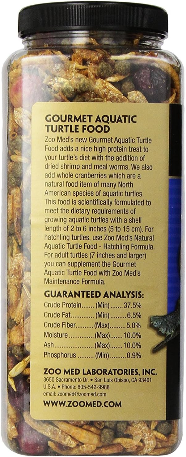 Close up view of Zoo Med aquatic turtle pellets blended with dried shrimp and mealworms.
